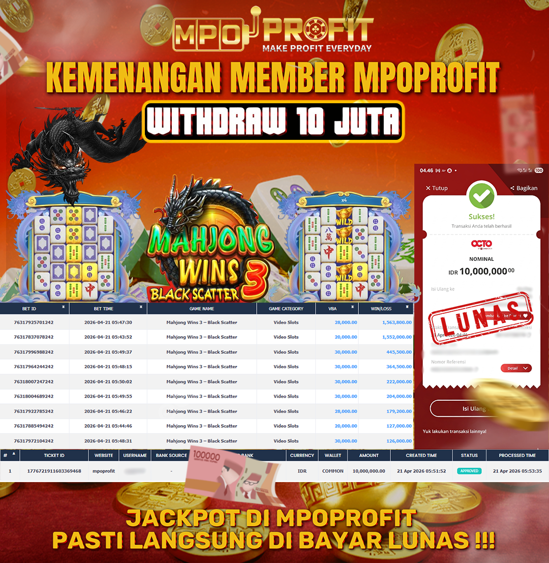 MPOPROFIT JACKPOT SLOT PRAGMATIC! KEMENANGAN MURNI DI (MAHJONG WINS 3 BLACK SCATTER TOTAL RP 10.000.000,- LUNAS)